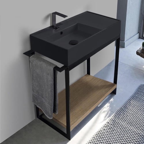 Console Sink Vanity With Matte Black Ceramic Sink and Natural Brown Oak Shelf, 35 Inch Scarabeo 5115-49-SOL2-89